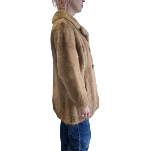Vintage 60s Mink Fur Coat Tan Double-Breasted Design Long Sleeves Satin Lining - Picture 2 of 11